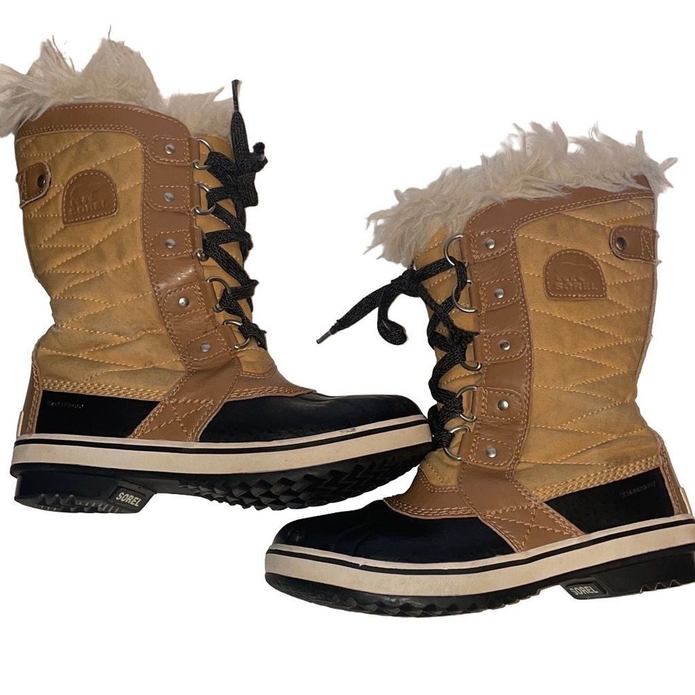 Sorel Girls Tofino II NY2419-373 Size 2 Faux Fur Tan Black Mid Calf Winter Boots